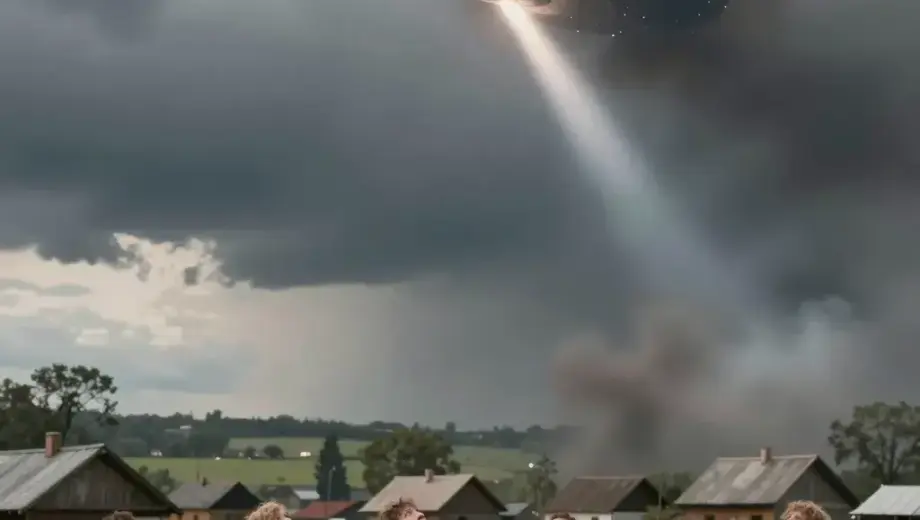 A dramatic, high-detail scene showing a group of people in a rural Hungarian village setting, looking up in shock and awe as a massive, dark, elongated object (resembling a meteor or UFO) streaks across the sky at high speed, leaving a bright trail of light and smoke, with the ground below showing a dusty, grassy field and scattered farm buildings under a cloudy, tense atmosphere
