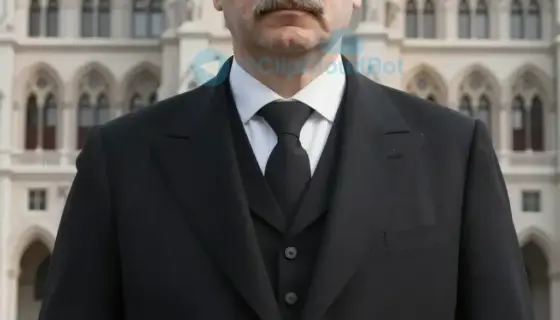 A solemn portrait of a middle-aged Hungarian man with short dark hair and a mustache, wearing a formal 19th-century black suit with a white shirt and black tie, standing in front of a historic Budapest city hall building with ornate architecture, soft daylight illuminating his face, serious expression reflecting his role as a respected mayor who has passed away