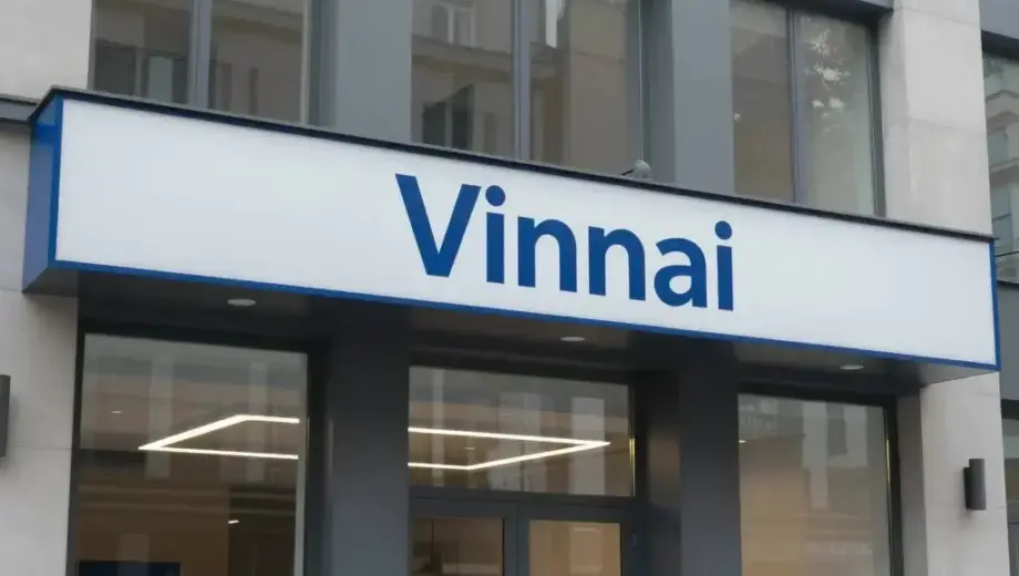 A modern bank building with the name 'Vinnai' displayed prominently on the facade, representing a Mészáros-féle bankholding (Mészáros family banking group), featuring contemporary architecture with glass and steel elements, professional corporate signage, and a clean urban setting