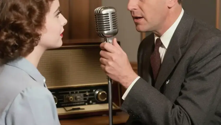 A vintage radio studio scene from the 1950s, featuring a man in a suit (Hildebrand Krisztián) speaking into a large vintage microphone, with a woman (the guest) seated across from him, both looking at each other, warm lighting, wooden paneling, analog equipment, and a sign reading 'Anico' on the wall