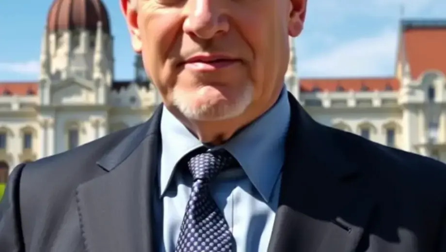 A formal portrait of a distinguished Israeli diplomat in his 60s, wearing a dark suit and tie, standing in front of the Hungarian Parliament Building in Budapest, with a solemn expression, holding a diplomatic briefcase, with a clear blue sky and historic architecture in the background