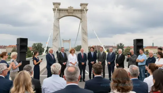 A grand opening ceremony of a new bridge in Miskolc, Hungary. The scene should include a crowd of people gathered around the bridge, with local officials and dignitaries present. The bridge should be prominently featured, with a clear view of its architectural details. The background should include the cityscape of Miskolc, with notable landmarks visible. The atmosphere should be festive, with people taking photos and celebrating the new infrastructure.