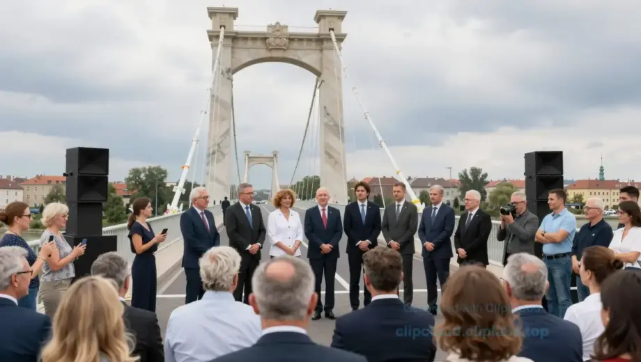 A grand opening ceremony of a new bridge in Miskolc, Hungary. The scene should include a crowd of people gathered around the bridge, with local officials and dignitaries present. The bridge should be prominently featured, with a clear view of its architectural details. The background should include the cityscape of Miskolc, with notable landmarks visible. The atmosphere should be festive, with people taking photos and celebrating the new infrastructure.