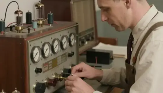 A vintage-style radio engineering laboratory or workshop scene, featuring classic radio components like vacuum tubes, dials, capacitors, and wiring, with a technician in period-appropriate attire working on a large radio transmitter or receiver. The setting should evoke mid-20th century Hungarian radio engineering culture, with technical precision and historical authenticity.