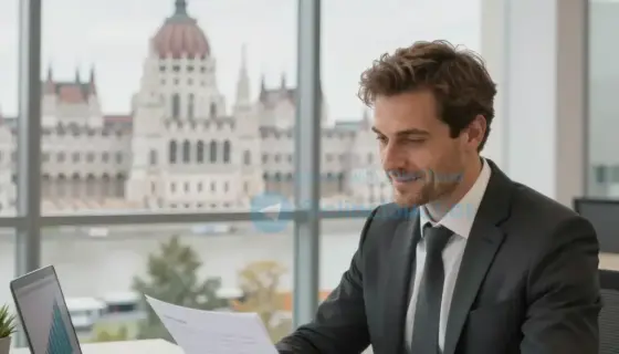 A modern, clean office interior with a large glass window showing a bustling cityscape of Budapest, a sleek wooden desk with financial documents, a laptop displaying a rising graph, and a confident businessman in a suit looking at the documents with a hopeful expression, symbolizing business success and financial growth