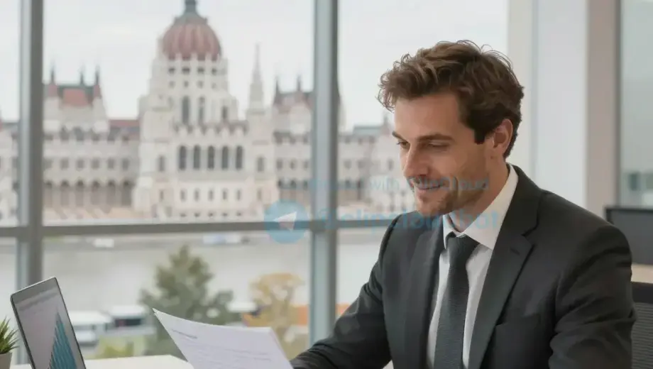 A modern, clean office interior with a large glass window showing a bustling cityscape of Budapest, a sleek wooden desk with financial documents, a laptop displaying a rising graph, and a confident businessman in a suit looking at the documents with a hopeful expression, symbolizing business success and financial growth