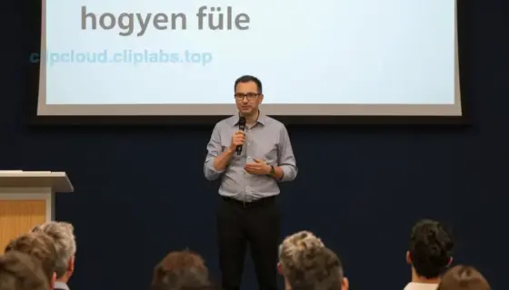 A man giving a presentation on stage, holding a microphone, with a large screen behind him showing a slide titled 'Nagy János SDR előadása 2015 07.18.-án Makón – hogyan füle'. The audience is seated in rows, attentively watching. The setting is a conference hall with professional lighting and a formal atmosphere.