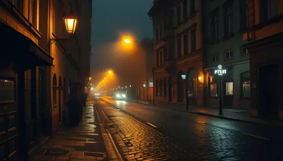 A dimly lit, atmospheric Hungarian street at night, illuminated by a single vintage streetlamp casting soft golden light on wet cobblestones, with faint reflections and subtle mist, evoking nostalgia and quiet mystery