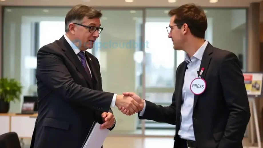 A Hungarian mayor in a formal suit shaking hands with a journalist in a modern office setting, featuring a large press badge on the journalist's lapel and a city hall background with subtle newspaper stands