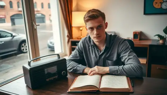 A portrait of a young man with short hair wearing a casual shirt sitting at a wooden desk with a vintage radio and a notebook open to a page with handwritten notes the scene is set in a cozy apartment with warm lighting from a nearby lamp and a window showing a rainy street outside