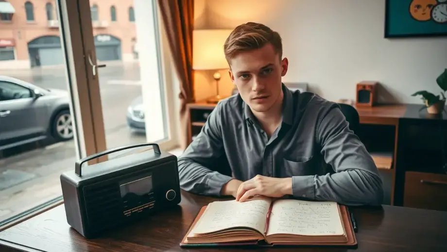 A portrait of a young man with short hair wearing a casual shirt sitting at a wooden desk with a vintage radio and a notebook open to a page with handwritten notes the scene is set in a cozy apartment with warm lighting from a nearby lamp and a window showing a rainy street outside