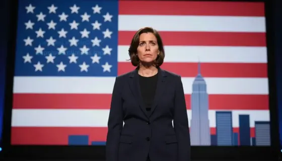 A dramatic scene showing a person standing in front of a large screen displaying the United States flag, with a serious expression and a futuristic city skyline behind them
