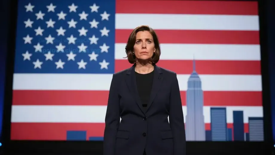 A dramatic scene showing a person standing in front of a large screen displaying the United States flag, with a serious expression and a futuristic city skyline behind them