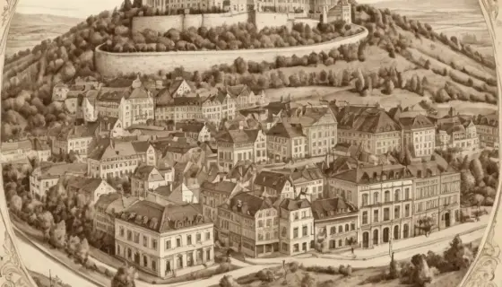 A detailed illustration of a vintage postcard with intricate designs, featuring a handwritten letter in Hungarian, possibly from László Kerényi, set against a backdrop of old Hungarian landscapes or historical buildings. The postcard should have a slightly aged, yellowed appearance to evoke nostalgia.