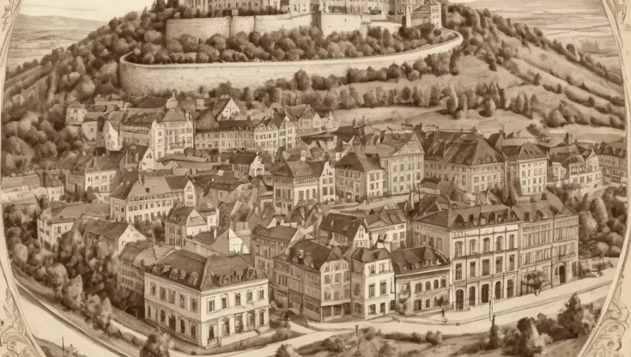 A detailed illustration of a vintage postcard with intricate designs, featuring a handwritten letter in Hungarian, possibly from László Kerényi, set against a backdrop of old Hungarian landscapes or historical buildings. The postcard should have a slightly aged, yellowed appearance to evoke nostalgia.