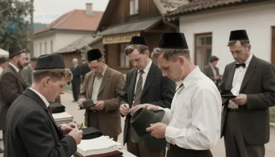 A bustling street scene in a small Hungarian village (Alsógödön) during the 1940s, showing a group of Jewish people preparing for a significant event. In the foreground, several individuals are carefully making or adjusting traditional Jewish hats (shtreimels or fedoras), with piles of fabric and sewing tools visible. The background shows wooden houses with Hungarian signage, a few onlookers, and a sense of community activity. The atmosphere is warm and communal, with natural daylight illuminati