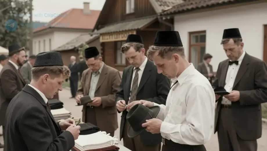 A bustling street scene in a small Hungarian village (Alsógödön) during the 1940s, showing a group of Jewish people preparing for a significant event. In the foreground, several individuals are carefully making or adjusting traditional Jewish hats (shtreimels or fedoras), with piles of fabric and sewing tools visible. The background shows wooden houses with Hungarian signage, a few onlookers, and a sense of community activity. The atmosphere is warm and communal, with natural daylight illuminati