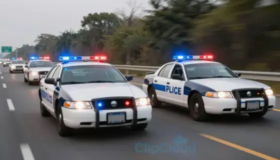 A high-speed chase scene on a highway, with a police car with flashing lights and sirens in the foreground, driving at 183 km/h. The police car is on the right side of the road, overtaking other vehicles. The background shows a blurred landscape due to the high speed, with other cars and possibly some buildings or trees. The scene should capture the intensity and urgency of the situation.