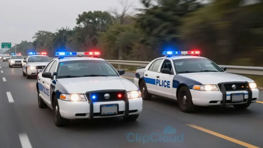 A high-speed chase scene on a highway, with a police car with flashing lights and sirens in the foreground, driving at 183 km/h. The police car is on the right side of the road, overtaking other vehicles. The background shows a blurred landscape due to the high speed, with other cars and possibly some buildings or trees. The scene should capture the intensity and urgency of the situation.
