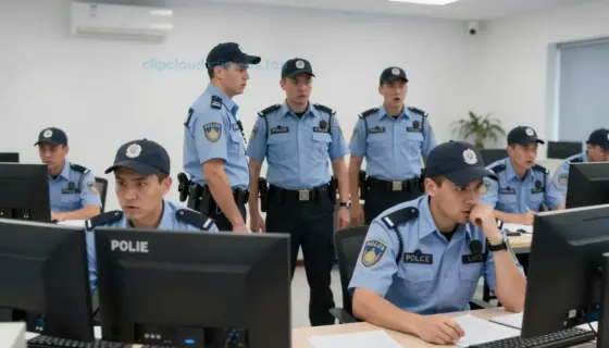 A chaotic scene at a Hungarian police headquarters with officers in uniform looking shocked and confused, documents scattered on desks, and a sense of urgency in the air. The setting should be a modern office with computers and official paperwork visible.