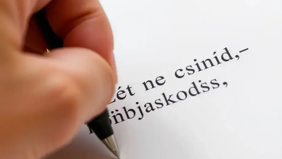A close-up of a hand holding a pen, writing on a piece of paper with the Hungarian text 'Ezért ne csináld – az önbíráskodás ára' clearly visible, soft natural lighting, detailed textures of paper and pen