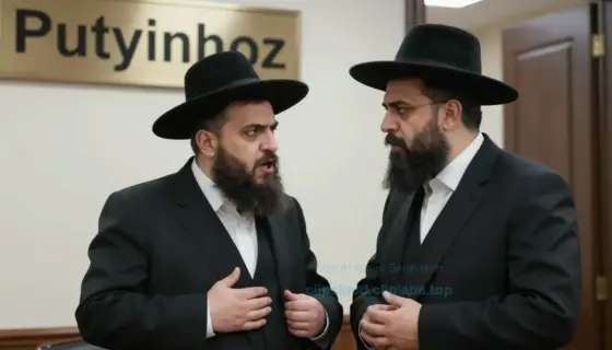A Chabad rabbi standing near a building labeled 'Putyinhoz', speaking urgently to a political leader in a formal setting, both figures dressed in traditional and official attire respectively, with a serious expression ofiice or government building interior, realistic lighting, detailed facial expressions conveying urgency and concern