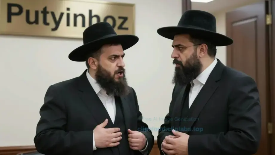 A Chabad rabbi standing near a building labeled 'Putyinhoz', speaking urgently to a political leader in a formal setting, both figures dressed in traditional and official attire respectively, with a serious expression ofiice or government building interior, realistic lighting, detailed facial expressions conveying urgency and concern