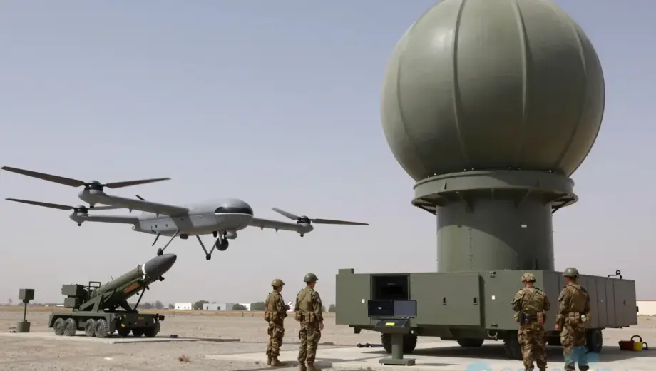 A realistic depiction of the Israeli army's new air warning system: a high-tech radar dome and sensor array on a military base, a hovering drone in the foreground, a rocket launch pad with a rocket in the background, Israeli soldiers in uniform monitoring the system, all set against a clear sky with subtle military equipment details
