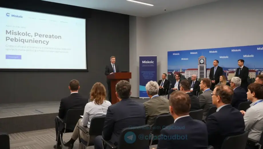 A bustling conference hall in Miskolc with a stage, a podium, a large screen displaying a conference title, a diverse group of business leaders and national investors seated and standing, engaging in discussion, with a backdrop of the Miskolc city skyline or a conference banner, all in a professional setting