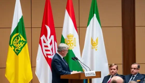 A formal press conference scene showing Ukrainian President Volodymyr Zelensky speaking at a podium, with Hungarian Prime Minister Viktor Orbán and other officials seated in the audience, set in a modern conference hall with Hungarian and Ukrainian flags displayed prominently in the background, captured in a clear, detailed photograph