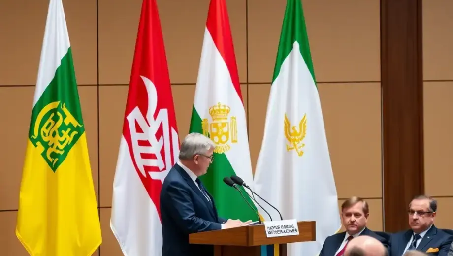 A formal press conference scene showing Ukrainian President Volodymyr Zelensky speaking at a podium, with Hungarian Prime Minister Viktor Orbán and other officials seated in the audience, set in a modern conference hall with Hungarian and Ukrainian flags displayed prominently in the background, captured in a clear, detailed photograph