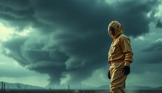 A dramatic scene showing a person in a protective hazmat suit standing in a desolate landscape under a dark, ominous sky with a faint mushroom cloud in the distance, conveying urgency and danger, with realistic lighting and detailed textures