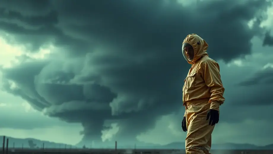 A dramatic scene showing a person in a protective hazmat suit standing in a desolate landscape under a dark, ominous sky with a faint mushroom cloud in the distance, conveying urgency and danger, with realistic lighting and detailed textures