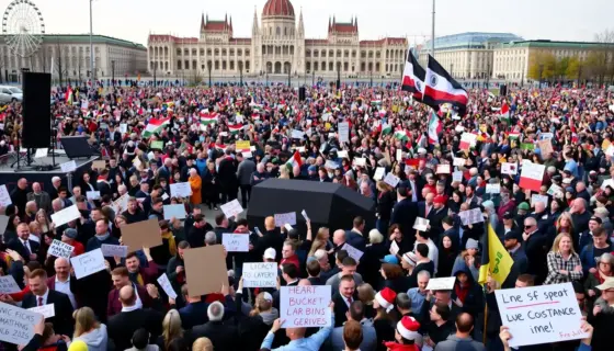 A large political gathering in Budapest, with a diverse crowd of people listening to speeches and holding signs. The scene should capture the energy and significance of the event, with a focus on the central stage and the attendees. The background should include recognizable landmarks of Budapest, such as the Hungarian Parliament Building.