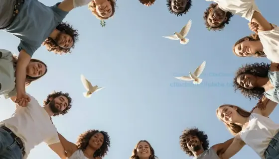 A symbolic image representing peace and solidarity: a diverse group of people from different cultures holding hands in a circle under a clear blue sky, with olive branches and doves flying above them, soft golden sunlight illuminating the scene, evoking unity and hope for world peace