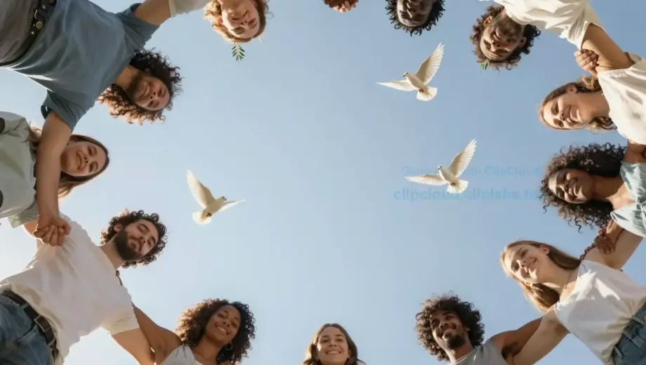 A symbolic image representing peace and solidarity: a diverse group of people from different cultures holding hands in a circle under a clear blue sky, with olive branches and doves flying above them, soft golden sunlight illuminating the scene, evoking unity and hope for world peace