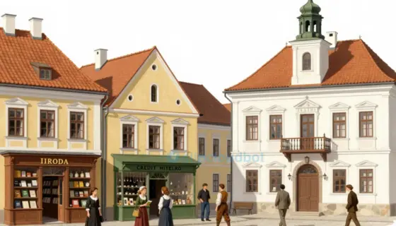 A detailed illustration of a traditional Hungarian street scene featuring a bookstore (iroda), a pawnshop (munkás), a credit institution (hitelrő), and a city council office (városi kitüntetés), with people interacting in front of these buildings, showcasing historical architecture and period clothing