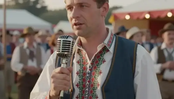 A medium shot of a male witness (the second-numbered witness) in a 1960s-70s Hungarian festival setting, wearing traditional folk attire with embroidered details, holding a vintage microphone while speaking to an off-screen interviewer, surrounded by colorful festival decorations, string lights, and a blurred crowd in the background, warm golden hour lighting, cinematic atmosphere