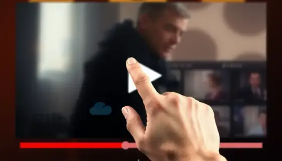 A person pressing the share button on a video platform interface, with a cinematic film strip or movie reel motif in the background, conveying a sense of sharing a beloved, classic film, with warm, nostalgic colors and a clean, modern UI design
