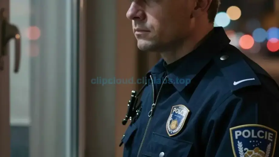 A dramatic, cinematic scene depicting a Hungarian police officer (SZOKTAK FÉLNI) in a tense moment, looking out a window with a serious expression, possibly at night with city lights visible outside, conveying the atmosphere of 'LÁTOGATÁS A MISK' (Observation through a window) by Krisztófer Álma, with realistic lighting and detailed textures