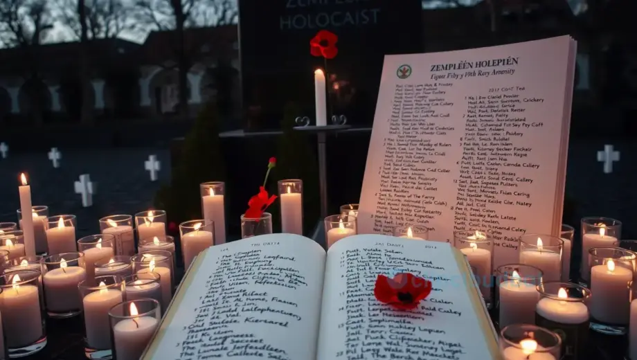 A solemn memorial scene for the Zemplén Holocaust victims, featuring a large, open book as the central focus. The book's pages are filled with handwritten names and dates of the victims. Surrounding the book are numerous lit candles in glass holders, creating a warm, flickering light against a dark, somber background. In the background, a large, dark memorial stone or wall is visible, with a single red poppy flower placed at its base. The atmosphere is one of quiet reverence and remembrance.