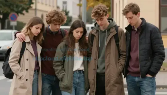A group of four friends standing together on a street corner in a Hungarian neighborhood, looking sad and comforting each other, with a sign that reads 'Derkovits utca' in the background, autumn atmosphere, realistic clothing and expressions, natural lighting