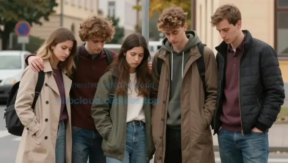 A group of four friends standing together on a street corner in a Hungarian neighborhood, looking sad and comforting each other, with a sign that reads 'Derkovits utca' in the background, autumn atmosphere, realistic clothing and expressions, natural lighting