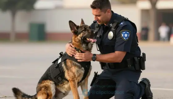 A heartwarming scene showing an Israeli police officer reuniting with his K-9 partner. The officer, wearing a standard uniform, is kneeling and embracing the dog, which is wearing its tactical vest. The dog appears happy and relieved. The background is a soft-focus outdoor setting, possibly a park or training ground, with warm, golden-hour lighting to emphasize the emotional connection. The focus is on the bond between the human and the animal.