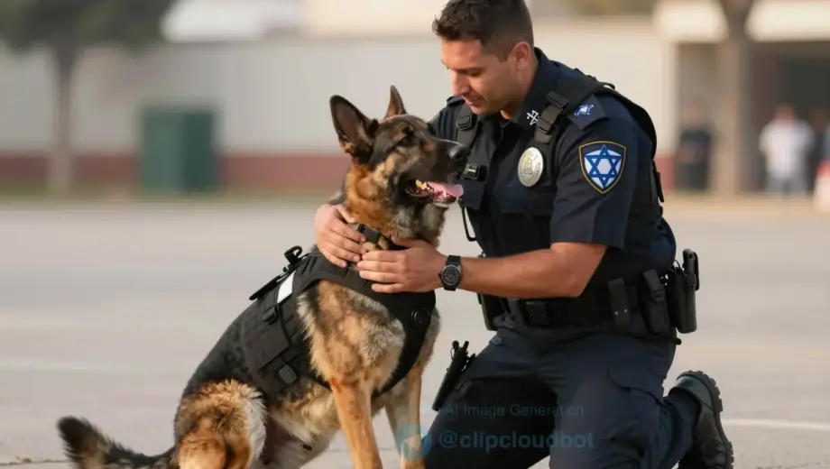 A heartwarming scene showing an Israeli police officer reuniting with his K-9 partner. The officer, wearing a standard uniform, is kneeling and embracing the dog, which is wearing its tactical vest. The dog appears happy and relieved. The background is a soft-focus outdoor setting, possibly a park or training ground, with warm, golden-hour lighting to emphasize the emotional connection. The focus is on the bond between the human and the animal.