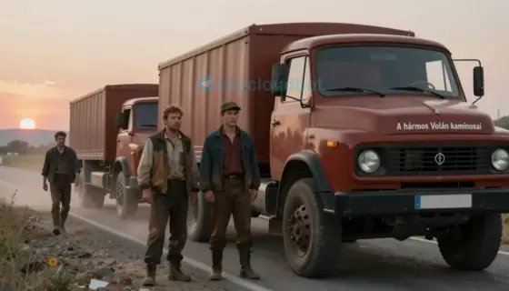 A dramatic cinematic scene from the film 'A hármas Volán kaminosai' by László Kerényi, depicting three rugged truck drivers in weathered work clothes standing beside their vintage Hungarian trucks at dusk on a rural highway, with dust swirling in the golden light, distant hills and a fading sunset sky, conveying camaraderie and the solitude of long-haul driving