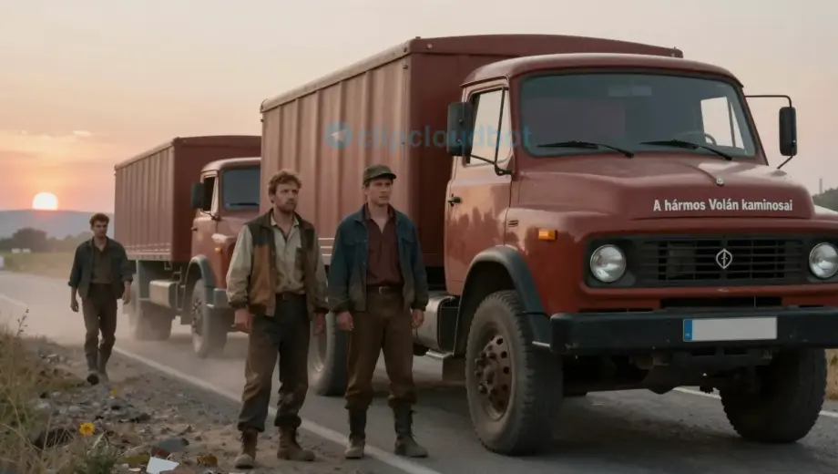 A dramatic cinematic scene from the film 'A hármas Volán kaminosai' by László Kerényi, depicting three rugged truck drivers in weathered work clothes standing beside their vintage Hungarian trucks at dusk on a rural highway, with dust swirling in the golden light, distant hills and a fading sunset sky, conveying camaraderie and the solitude of long-haul driving