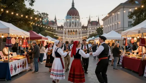 A vibrant Jewish cultural festival in Budapest, featuring traditional music and dance performances, colorful stalls with crafts and food, people in festive attire celebrating under strings of lights, with historic Budapest architecture in the background, joyful atmosphere, daytime