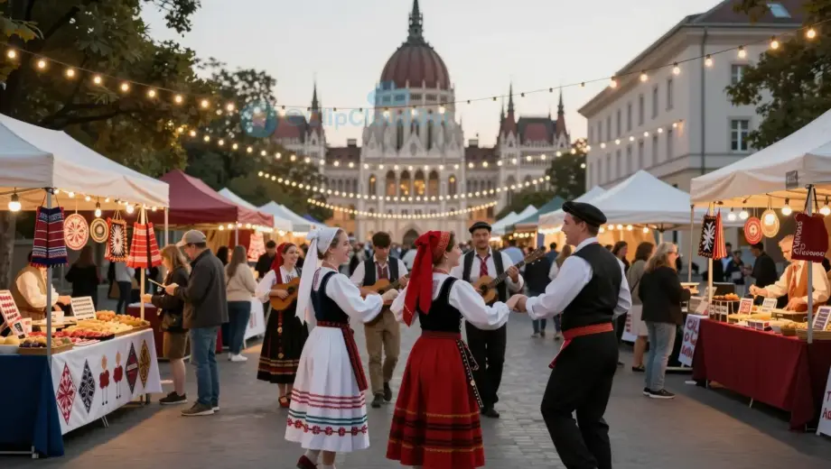 A vibrant Jewish cultural festival in Budapest, featuring traditional music and dance performances, colorful stalls with crafts and food, people in festive attire celebrating under strings of lights, with historic Budapest architecture in the background, joyful atmosphere, daytime