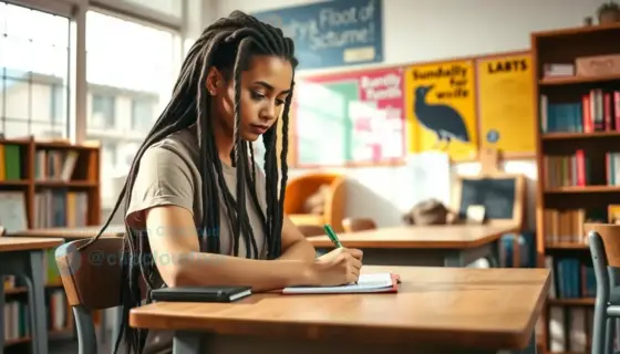 A young woman with long dreadlocks (locs) sitting at a wooden desk in a cozy, sunlit classroom, writing notes on paper with a focused expression, surrounded by bookshelves and educational posters on the walls